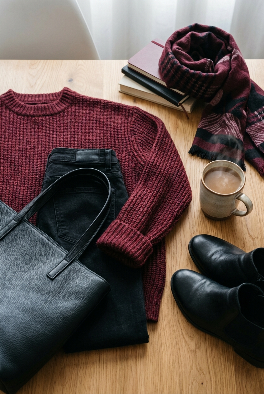 How To Mix Warm Burgundy And Black In Transitional Outfits