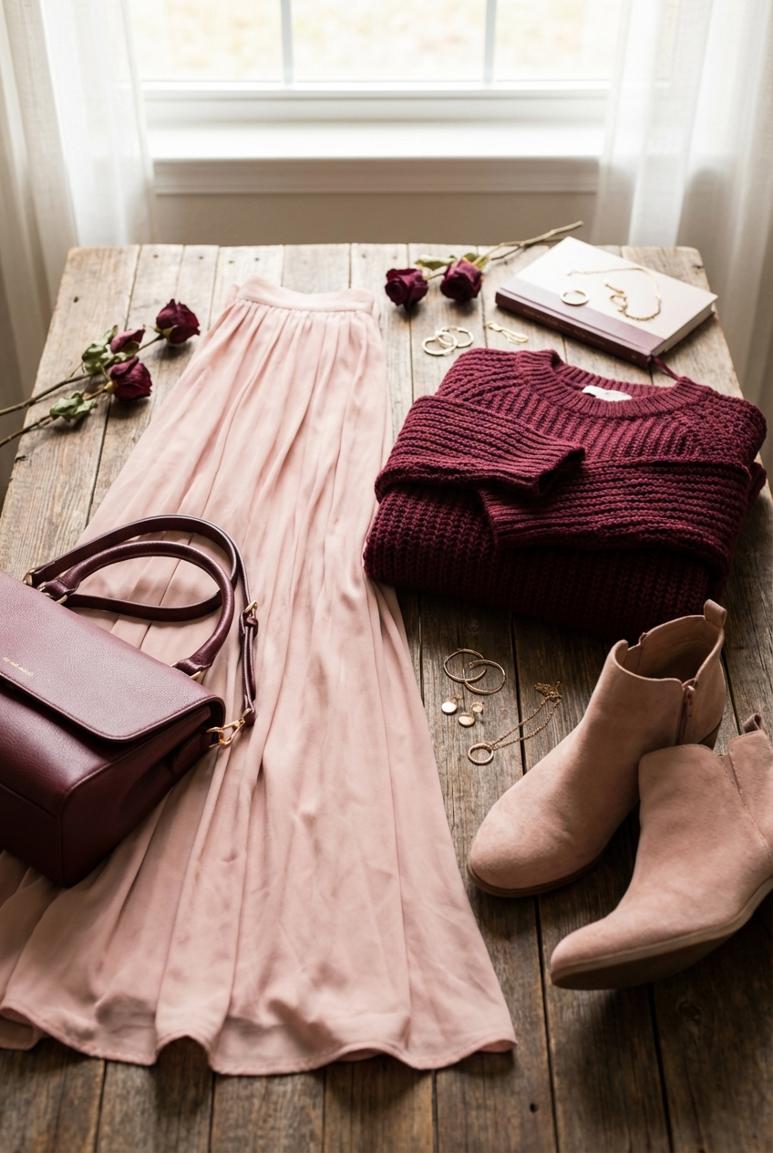 Romantic Blush And Burgundy Pairings For Maxi Skirts