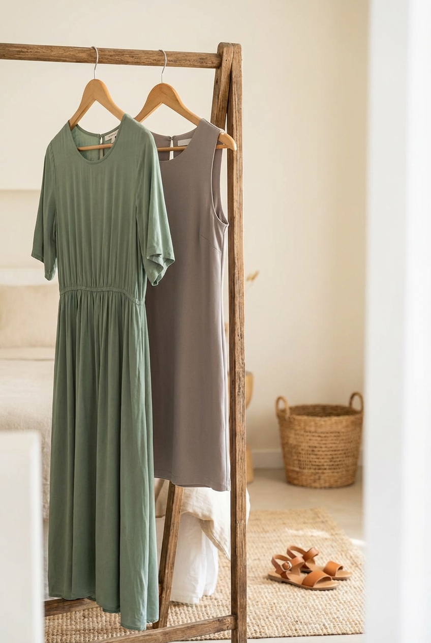 Sage Green And Cool Taupe In Sleek Day Dresses A Subtle Yet Sophisticated Duo