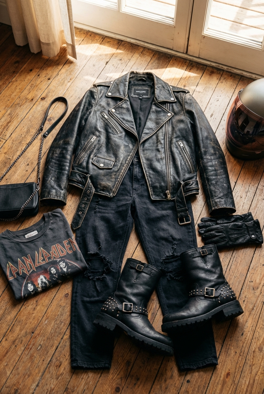 Edgy Motorcycle Ride Attire With Biker Jackets