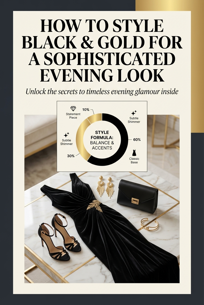 Dark rich color pairing with black and gold elements for an evening look