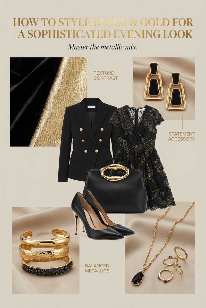 Styled evening look showing black and gold accents with textured fabrics