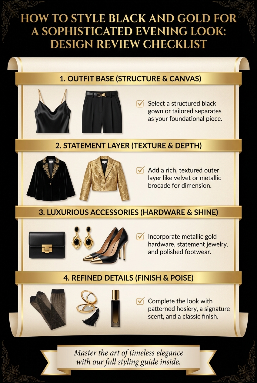 Sophisticated black and gold evening style inspiration with metallic details