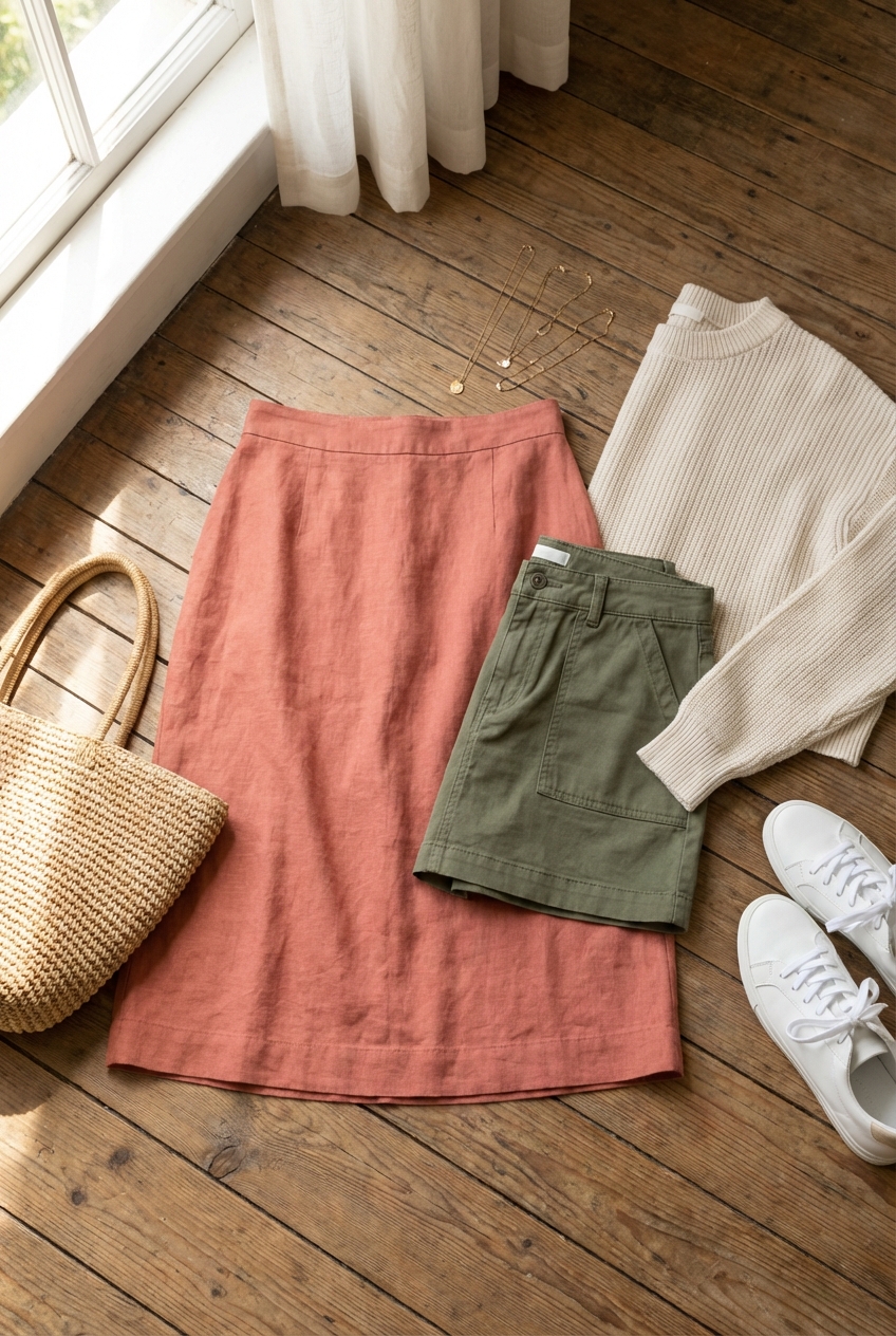 Pairing Muted Coral And Olive Green In Casual Skirts