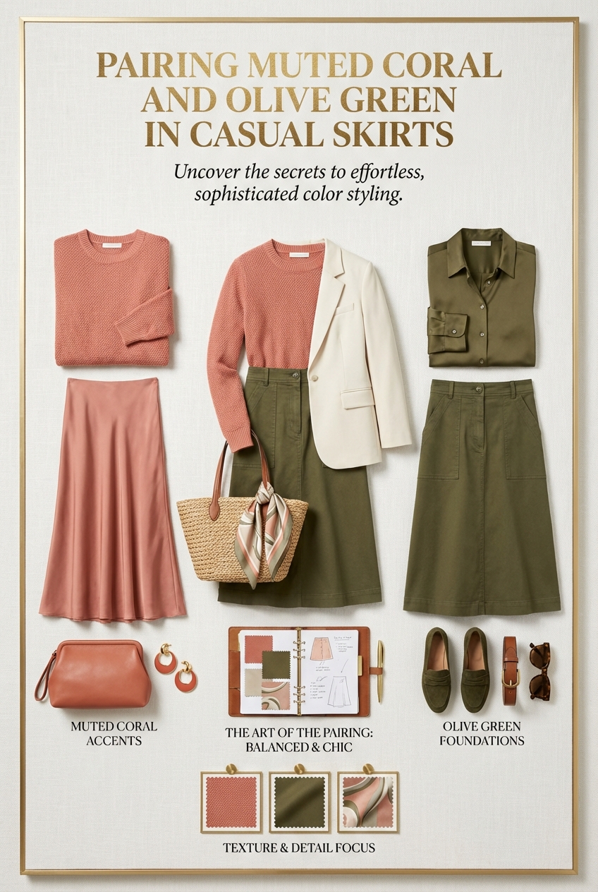 Pairing Muted Coral And Olive Green In Casual Skirts - photo 4
