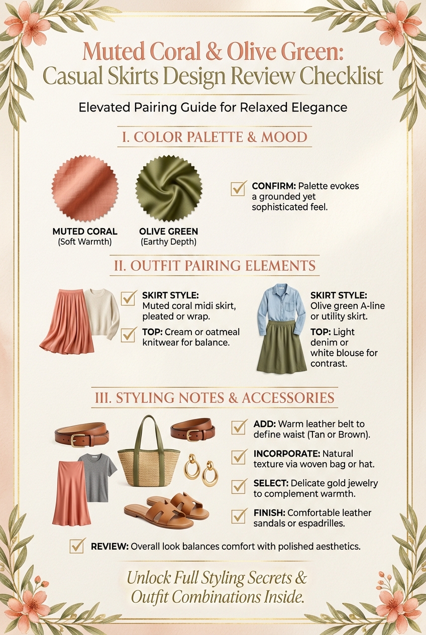 Pairing Muted Coral And Olive Green In Casual Skirts - photo 5